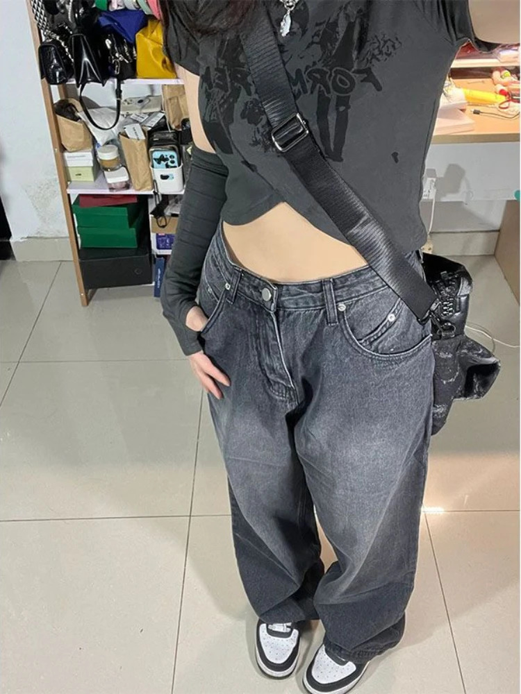 QWEEK Vintage Black Baggy Jean Korean Streetwear Oversize Harajuku High Waist Pants Grunge Y2K Denim Wide Leg Trousers 241007