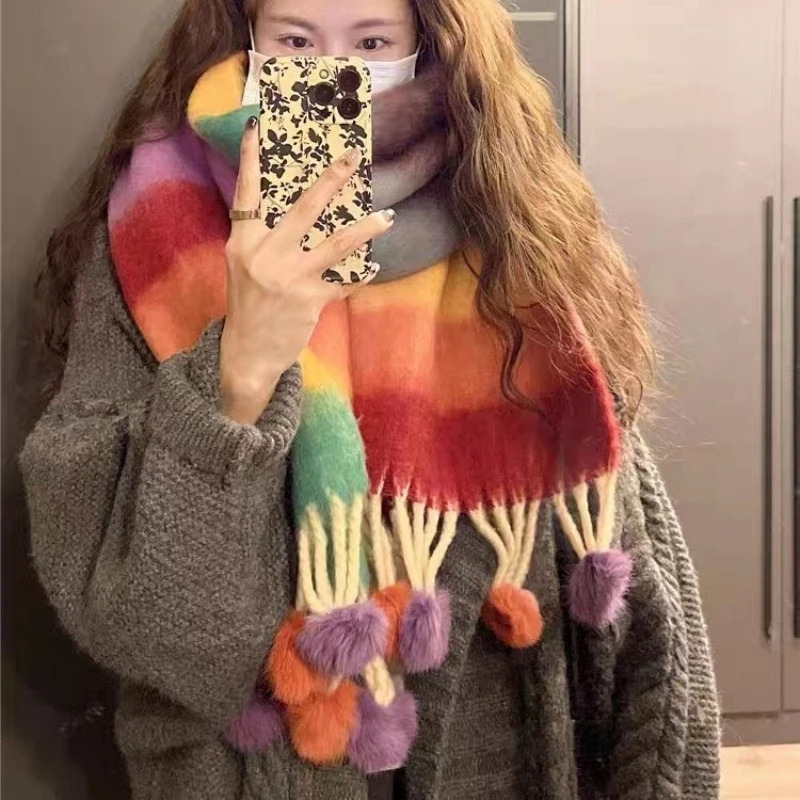 Winter Soft Warm Scarf Women Fashionable Plush Colorful Striped Scarf Versatile Mohair Couple Shawl Long Vintage Scarf Shawl 241009