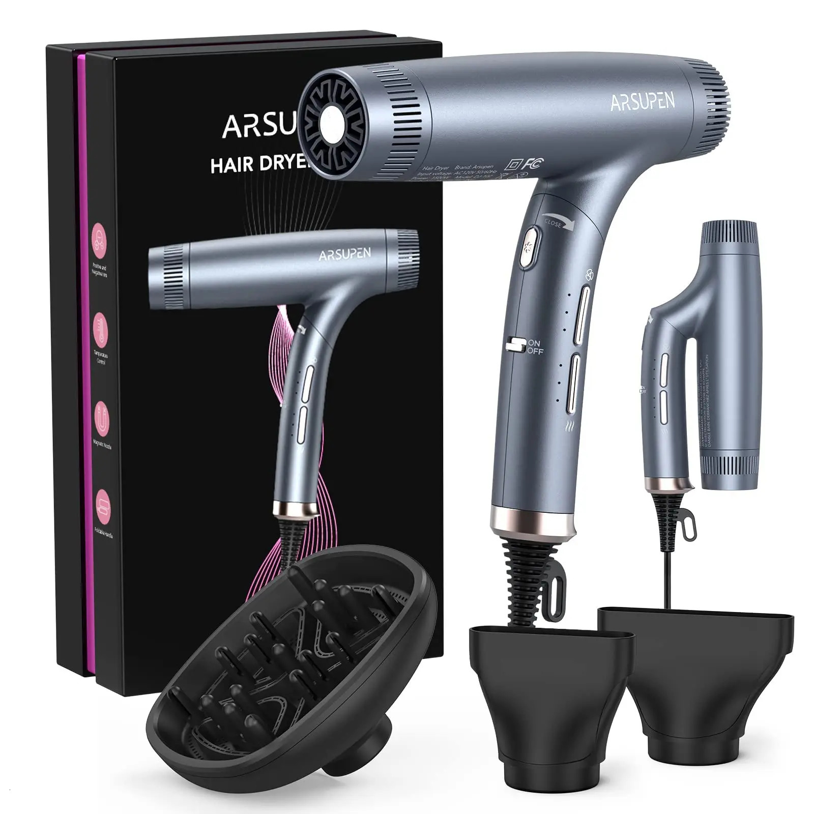 Foldable Hair Dryer 1600w Ultra-Fast Drying Ionic Technology 12 Adjustment Modes Low Noise Auto Clean 241009