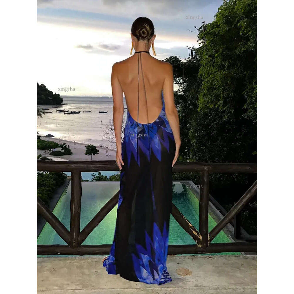 Basic Casual Dresses Summer Backless Maxi Dress for Women Sexy Mesh Printed See Through Slim Beach Dress Blue Long Club Party Vacation Outfits 230531