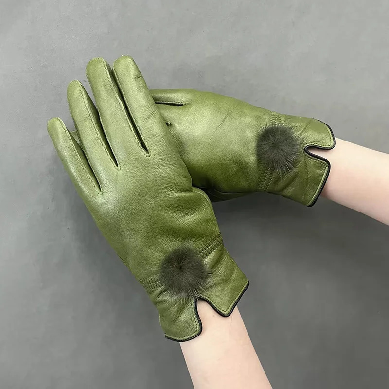 Womens genuine leather gloves real mink fur fluffy sheepskin 241009