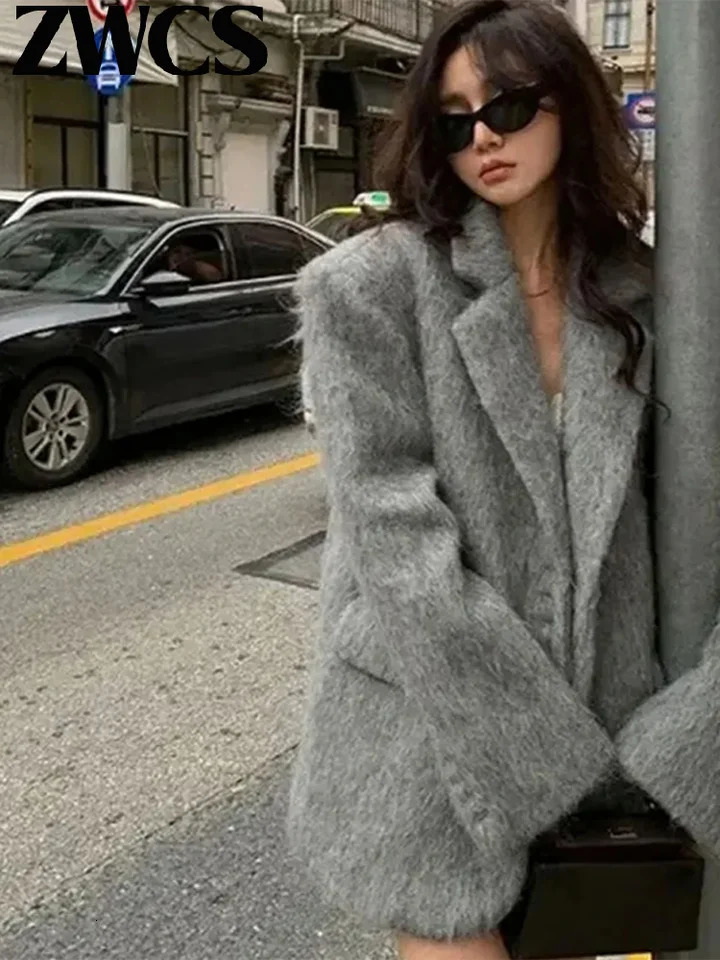 Womens Elegant Wool Coat Turn Down Collar Single Breasted Pink Long Sleeve Thicken Jackets Ladies 2024 Loose Outwear 241011