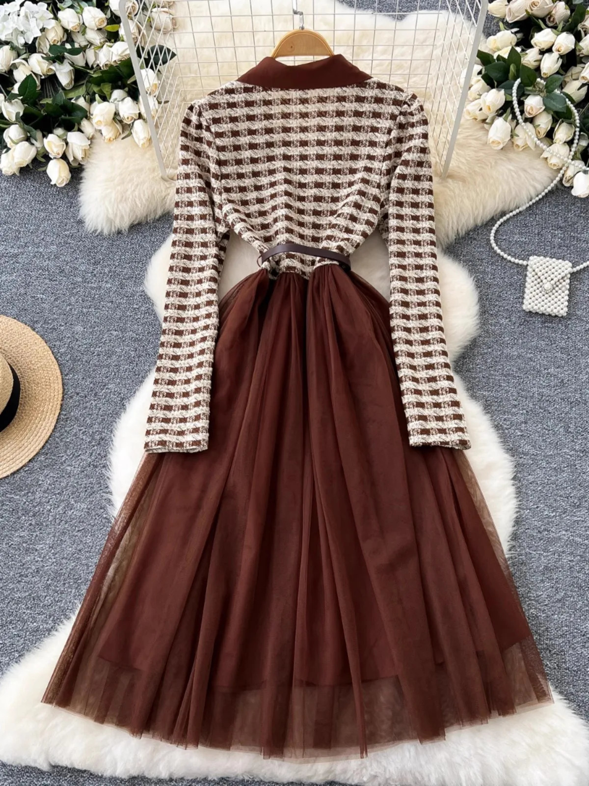 autumn small perfume lapel plain tweed patchwork mesh long skirt womens petal button belt evening party vest 241011