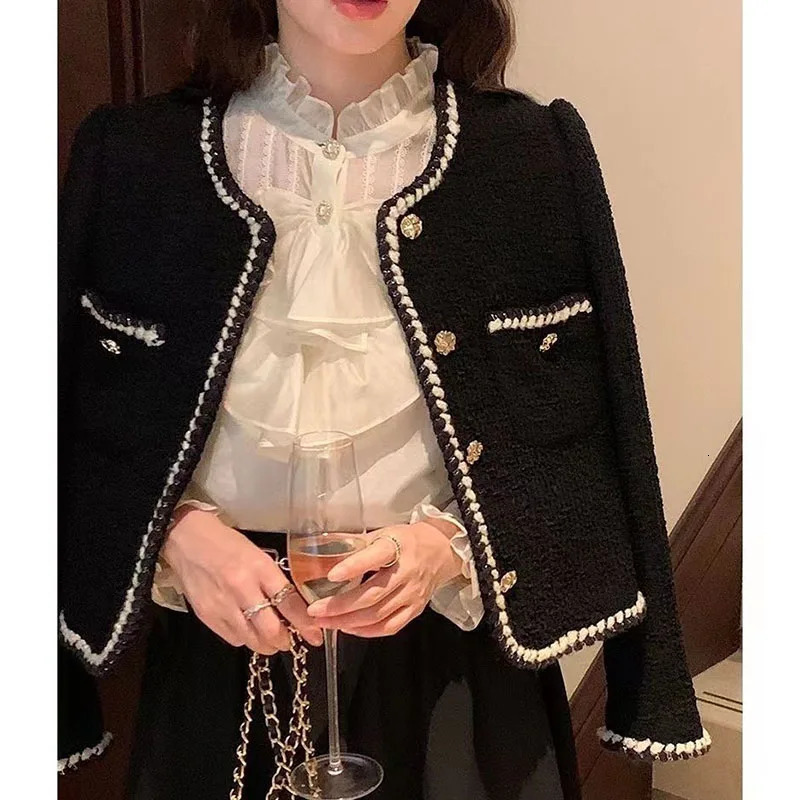 Retro womens jacket elegant single chest cut jacket coarse tweed long sleeved casual short sleeved Harajuku jacket 240930