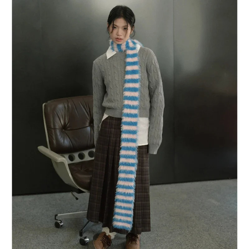 Elderly Scarf Korean Y2K Scarf Womens Mink Scarf Thick Plush Long Striped Scarf Womens Warm Scarf 241007