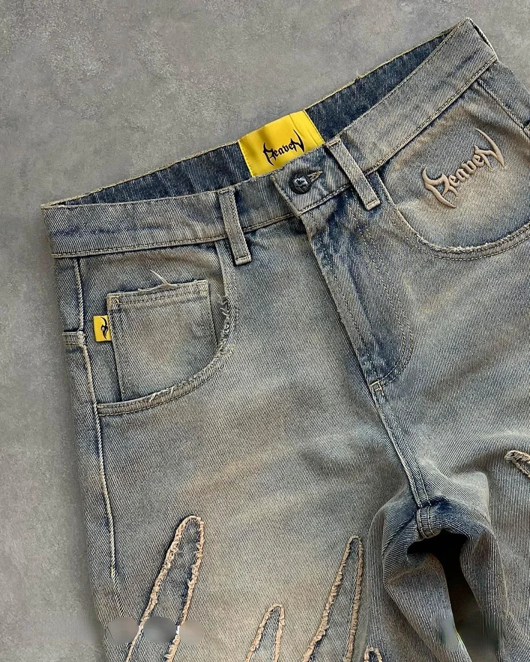 Mens pocket jeans street hole splicing Y2k retro embroidered denim pants womens straight leg high waist wide 241008