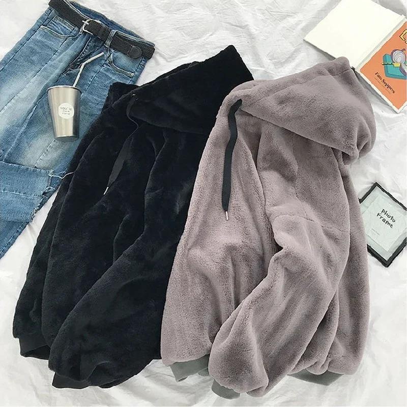 Winter Fluffy Hoodies Casual Fleece Warm Oversized Sweatshirt Women Faux Fur Christmas Pullovers Winter Coat Lazy Warm Jackets 241011