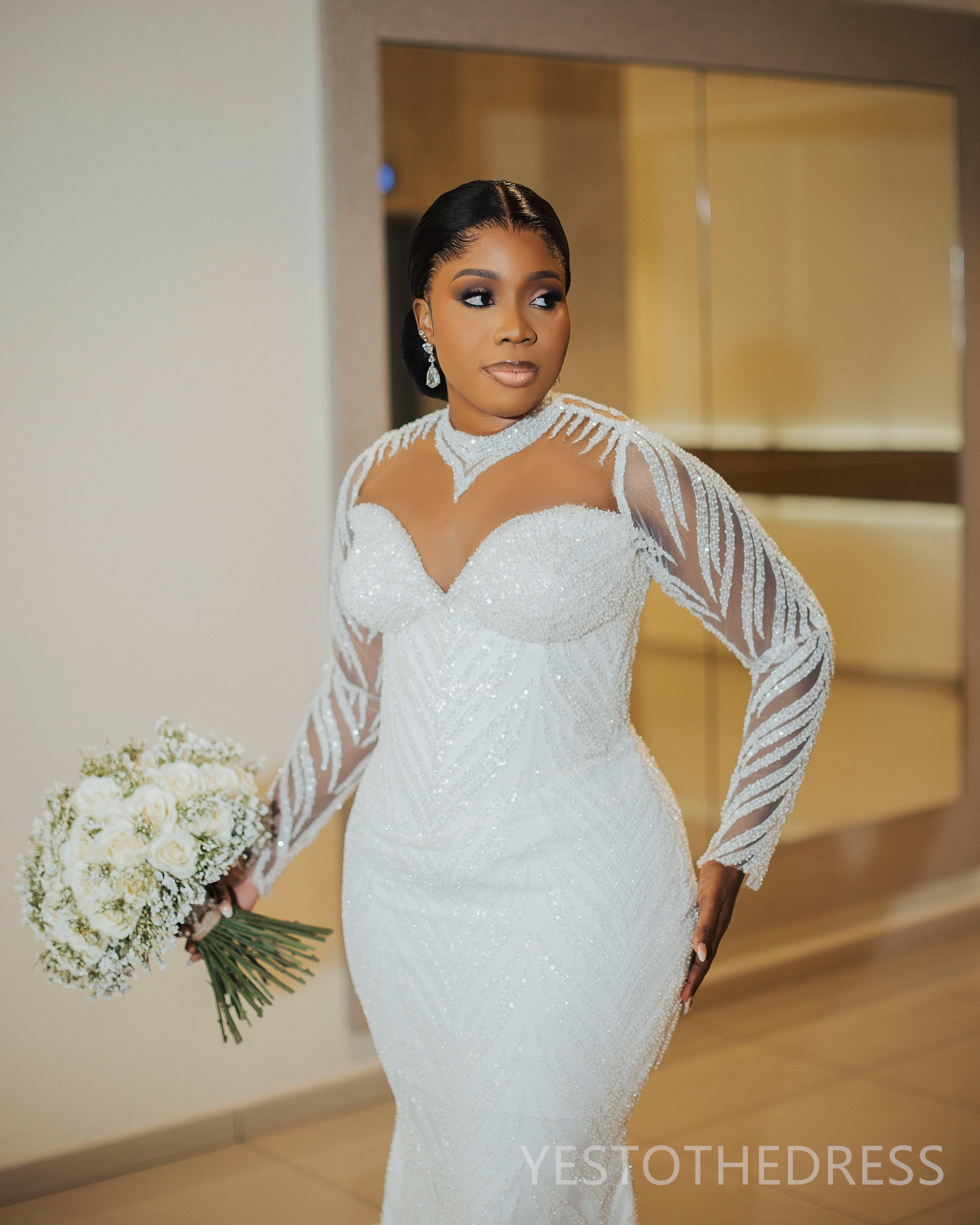 2024 Plus Size Aso Ebi Wedding Dress Bridal Gowns For Bride Sheer Neck Illusion Mermaid Long Sleeves Beaded Lace Wedding Gowns for African Black Women