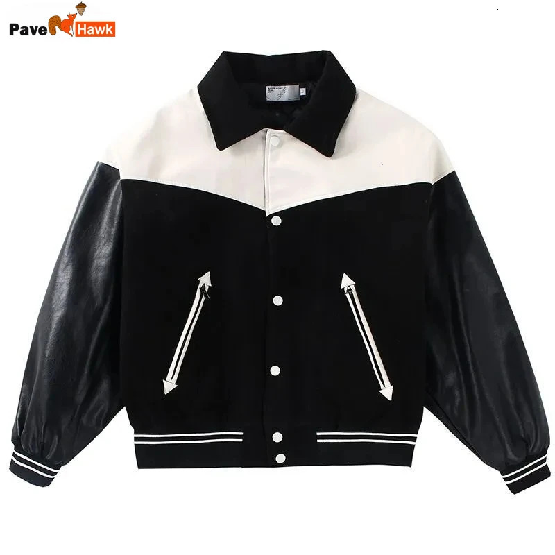 Mens baseball jacket retro patch work PU sleeves high street spring coat loose autumn racing motorcycle 241011