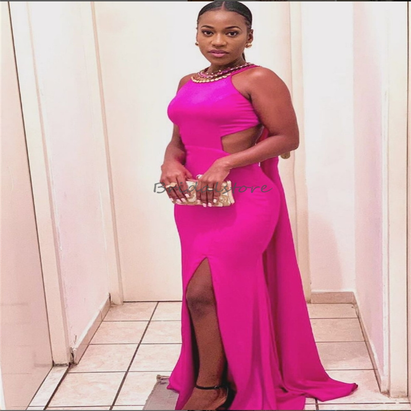 Stunning Hot Pink Black Girls Prom Dresses With Slit 2025 Beaded Mermaid Sexy Evening Dress Backless Plus Size South African Dance Formal Occasion Rob