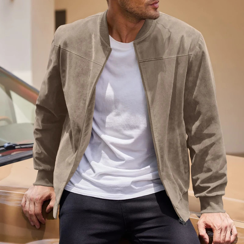 Autumn suede solid color mens retro long sleeved zipper cardigan jacket fashionable and versatile outerwear. 241011