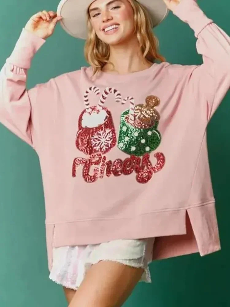 2025 Autumn And Winter Womens Candy Cup Sequin Christmas Sweater Casual Loose Tops Womens Long Sleeve O-Neck Pullover 241011