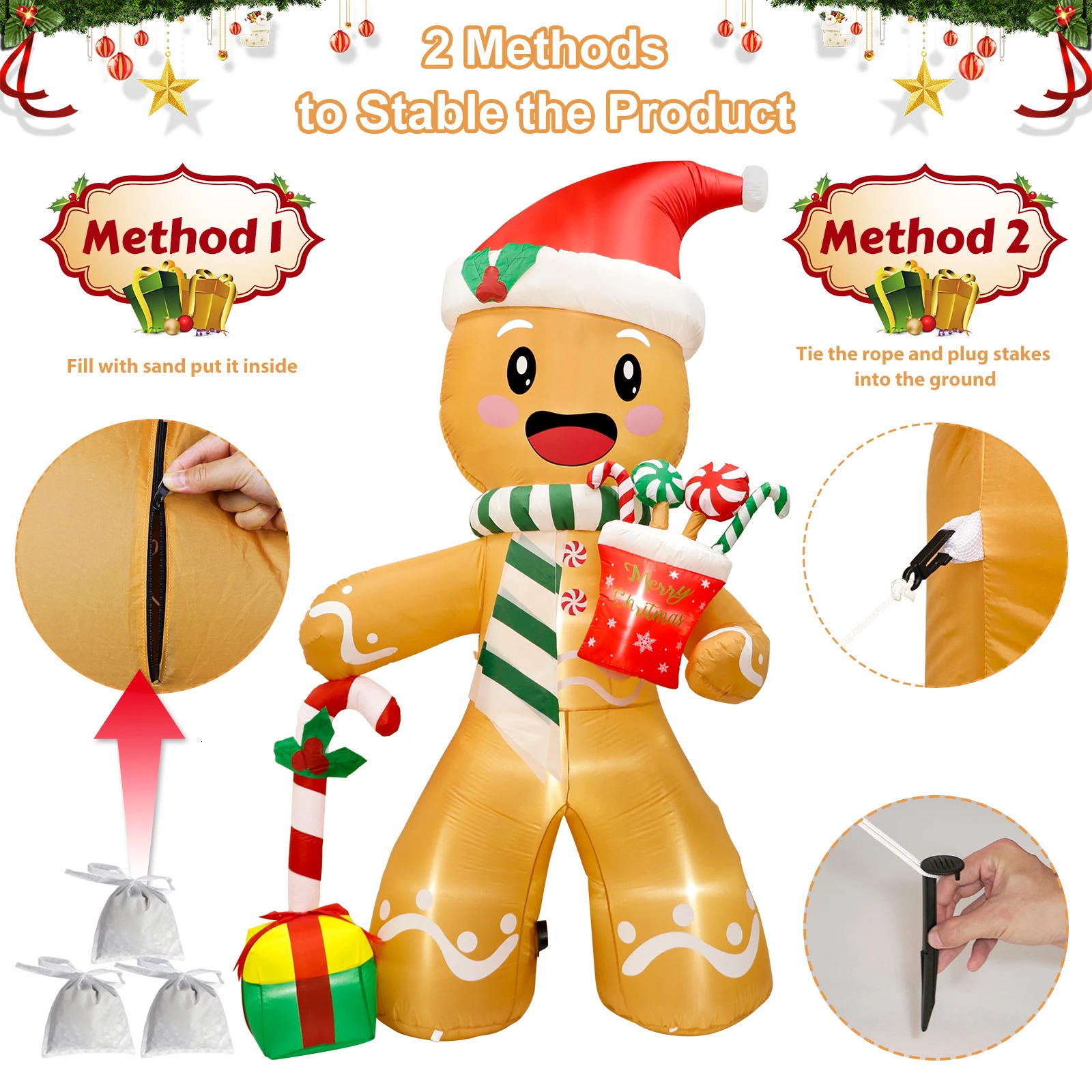 8FT Christmas Inflatables Outdoor Decorations Gingerbread Man Cute Xmas Blow Up Yard Decorations with 8 LED Lights for Decor 241007