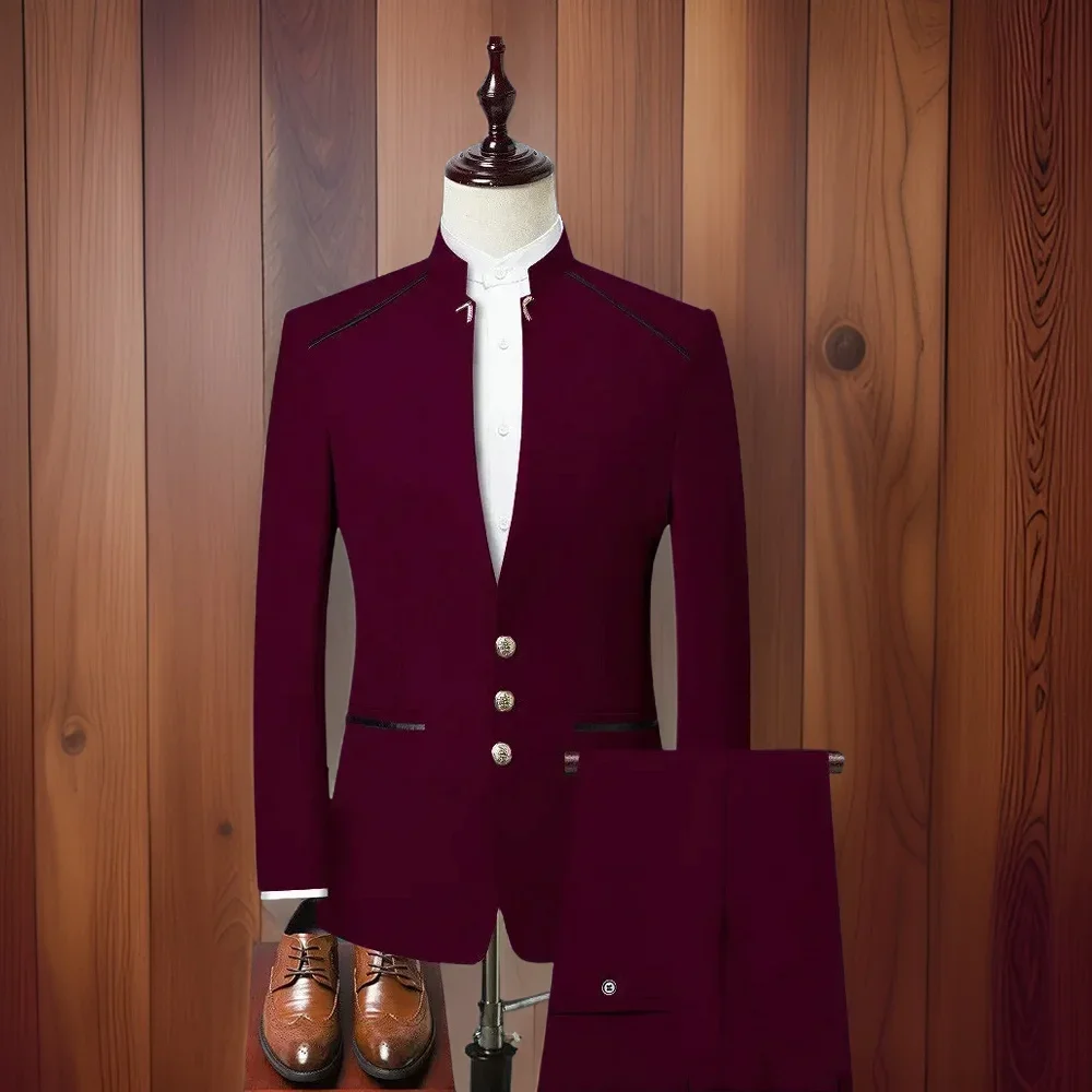 Men Wedding Suits With Stand Collar Slim Fit African Mandarin Style Groom Tuxedos Male Dress Prom Best Man Blazer 2 Pcs Set 2024