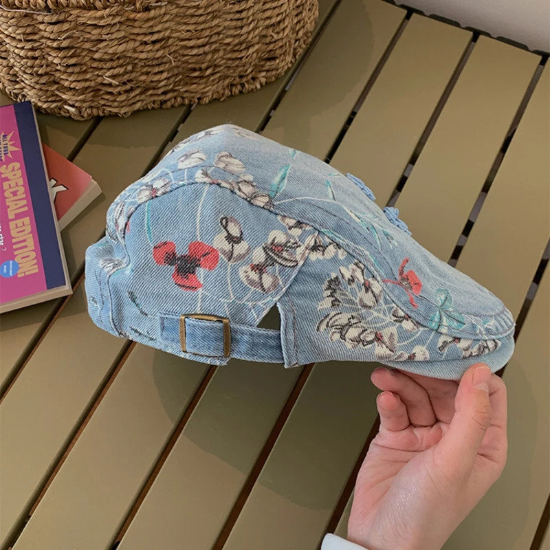 Chinese Style Retro Button Denim Berets for Women Spring and Summer Fashion Flower Print Versatile Casual Forward Hats 241009