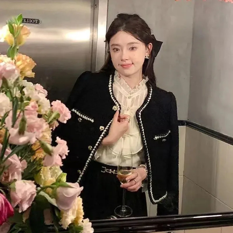 Retro womens jacket elegant single chest cut jacket coarse tweed long sleeved casual short sleeved Harajuku jacket 240930