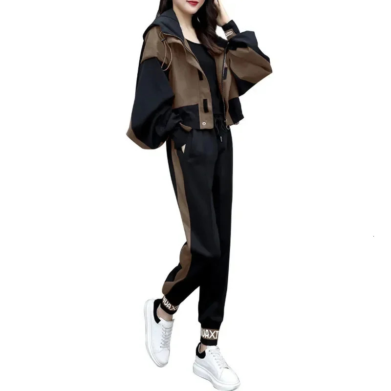 Womens track and field outfit Korean elegant hoodie zipper jacket sports pants twopiece set springsummer matching 241007