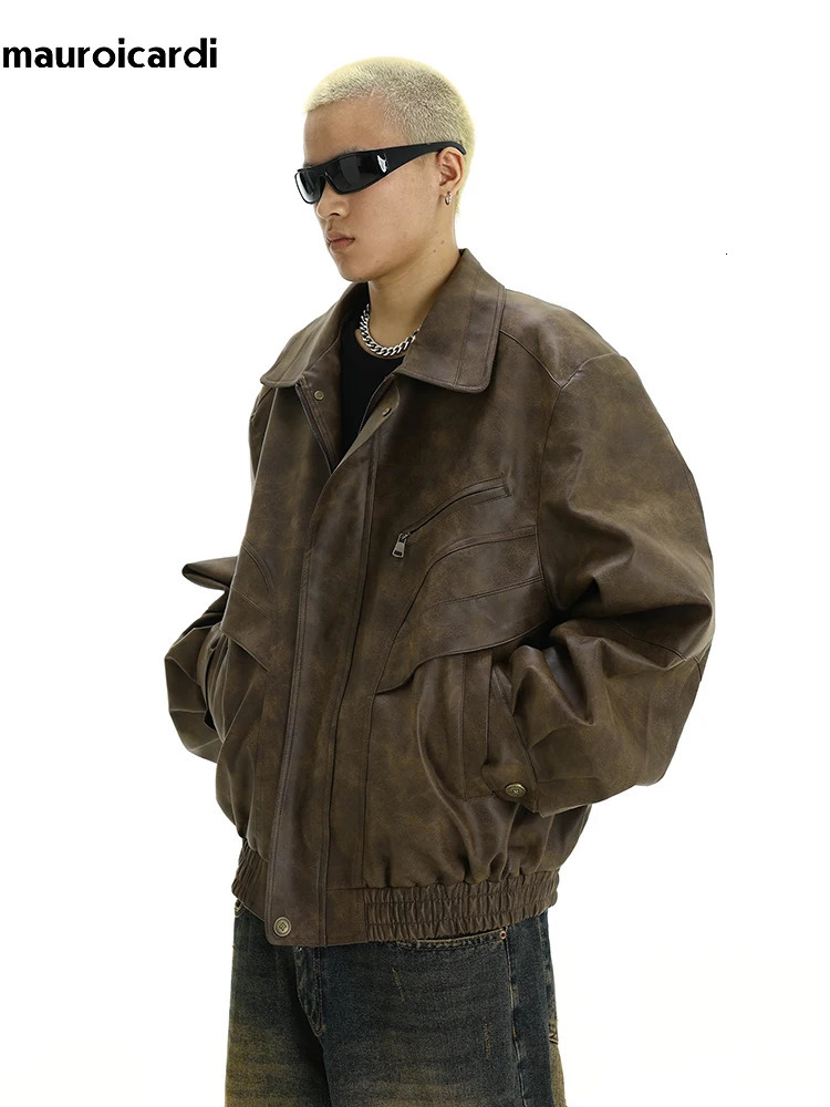 Mauroicardi Spring Cool Handsome Retro Distressed Brown Pu Leather jacket Men Zipper American Vintage Clothes 241011
