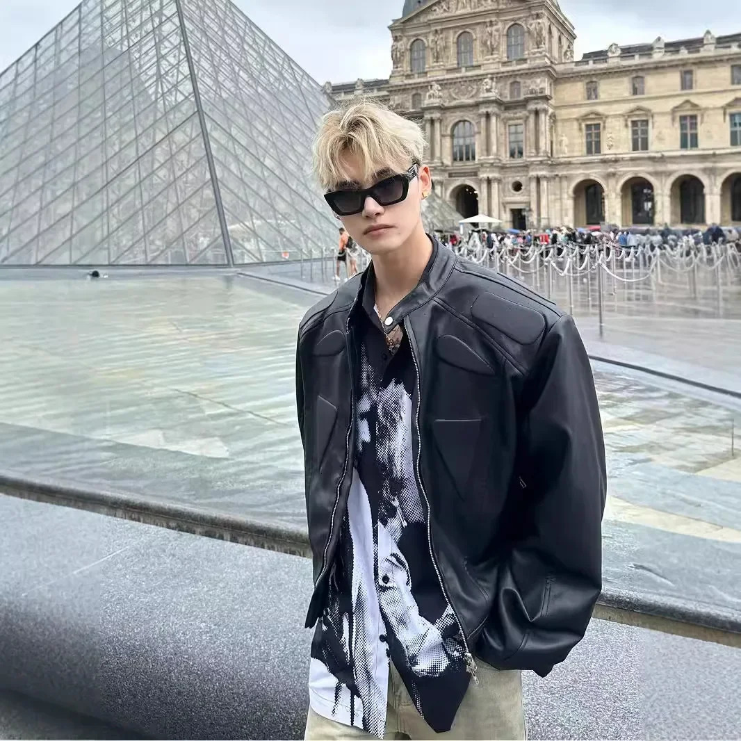 American style niche high-end felt street bike leather jacket mens loose fit spring and autumn clothing 241011