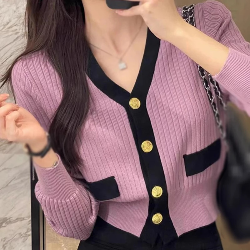 Autumn Winter Contrast Colors V Neck Single Breasted Fashion Temperament Gentle Style Knitted Sweater Korean Cardigan 241009