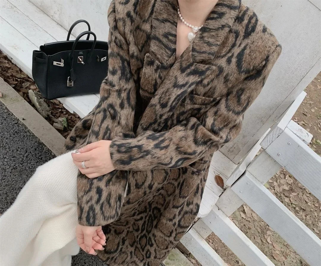 Double layer leopard print womens wool coat winter loose silhouette mid length wool coat trend 241007