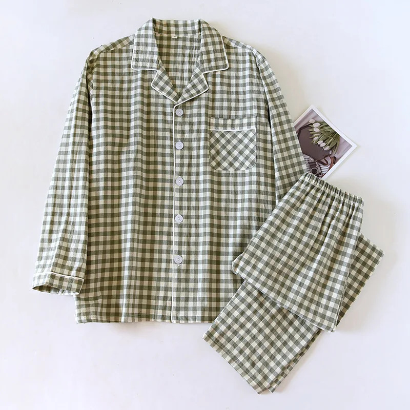 Japanese Spring/Summer Couples Pajama Set 100% Cotton Mens and Womens Checkered Long Sleeve Two Piece Home Furniture 241007