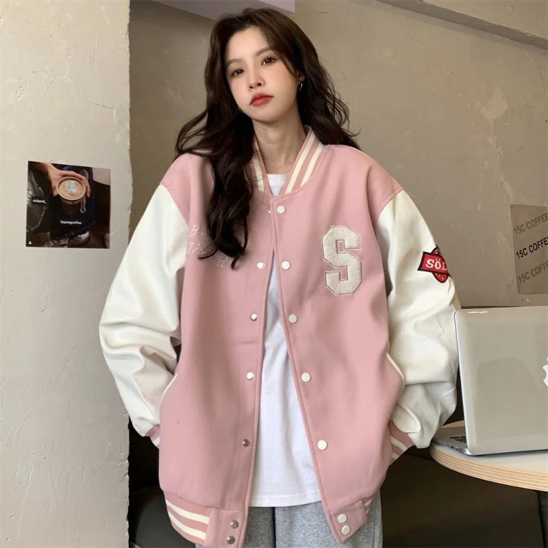 Deeptown Y2k Streetwear Bomber Jacket Women Oversized Varsity Jackets College Uniform Harajuku Fashion Korean Pink Baseball Coat 241011