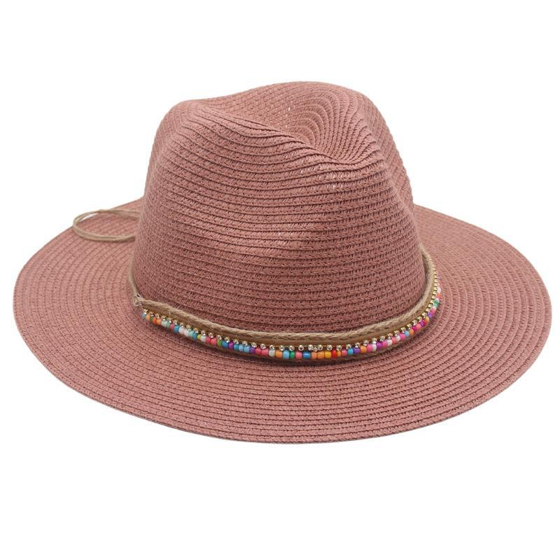 Ethnic Style Summer Panama Straw Hat with Rainbow Beads for Dance Performances & Beach Wear