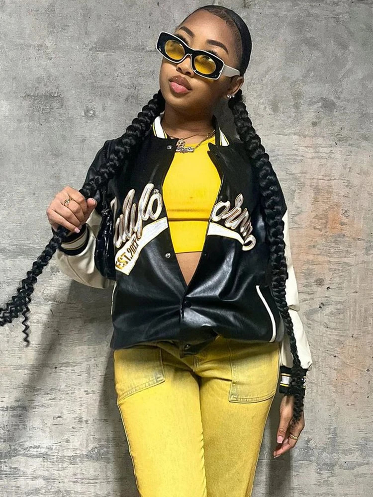 Sifreyr PU Leather Bomber Jacket Women Y2K Letter Long Sleeve Uniform Varsity Baseball Jackets Streetwear Oversized College Coat 241011