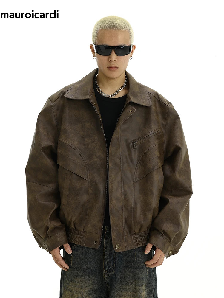 Mauroicardi Spring Cool Handsome Retro Distressed Brown Pu Leather jacket Men Zipper American Vintage Clothes 241011