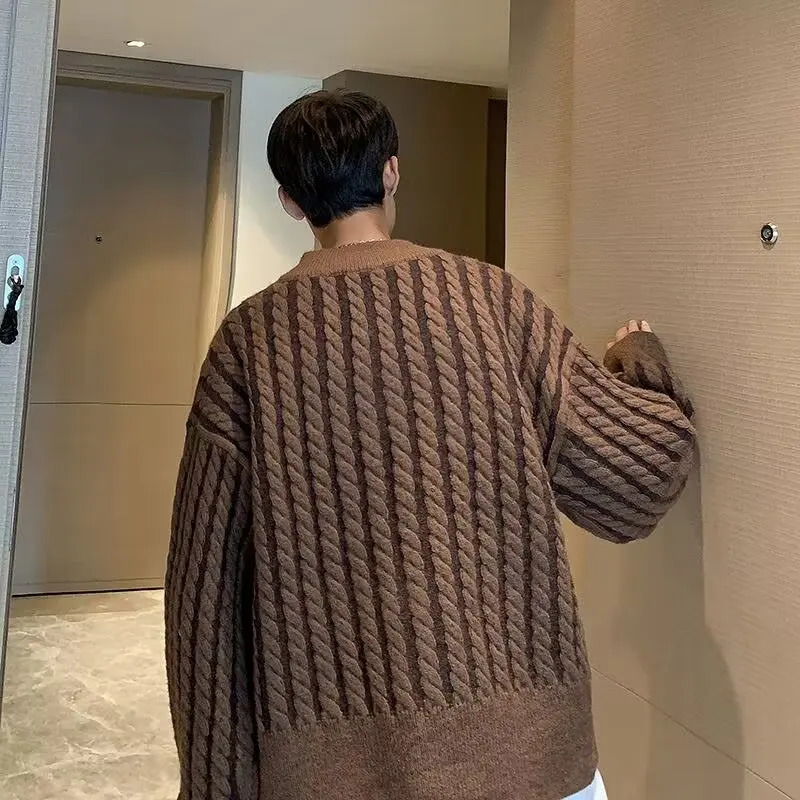 Mens Open Collar Loose Knitted Jacket Warm Korean Fashion Harajuku Sweater Mens Retro Long Sleeve Color Blocked Jacket 241011