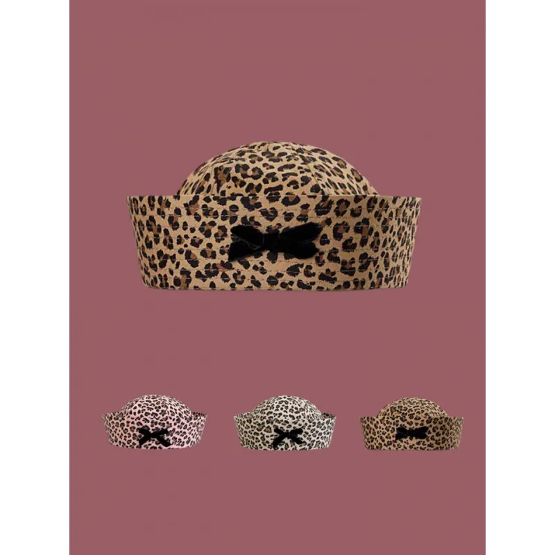 2024 Bow Leopard Print Sailor Hat Women Retro Spicy Girl Flip Brim Beret Sweet And Cute face Revealing Small Hat 241009