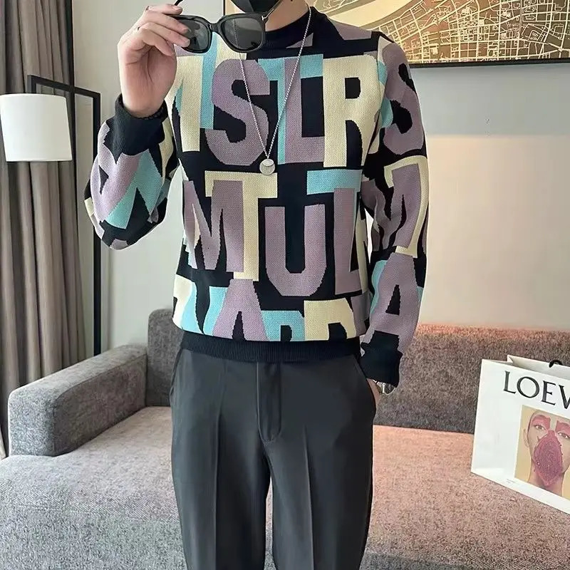 Mens round neck floral lantern long sleeved contrasting color letter sweater knitted casual autumn retro top 241007