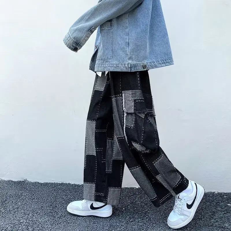 Y2K splicing straight jeans loose cargo large pocket pants Japanese Harajuku streetwear Korean fashion loose wide leg jeans 241007