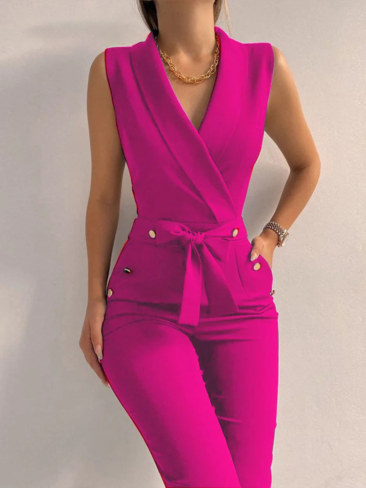 Summer Womens Sleeveless Jumpsuit Casual Sexy Vneck Solid Color Button Up Wide Leg Pants 240930