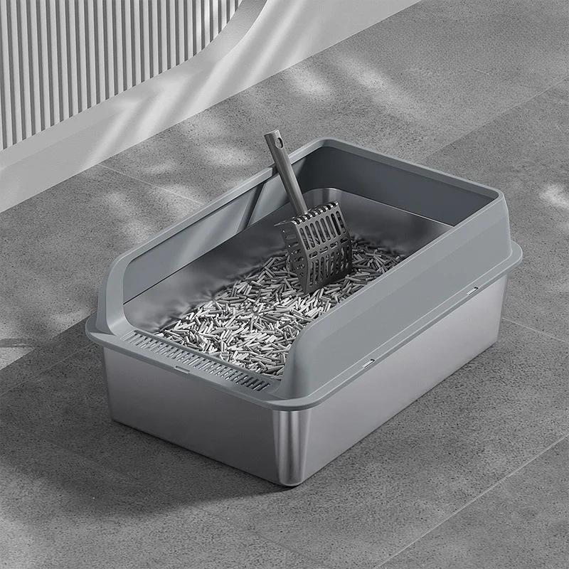 Large-Capacity Stainless Steel Cat Litter Box Semi-Enclosed Cat Toilet Heightened Fence Splash-Proof Cat Litter Box Pet Supplies