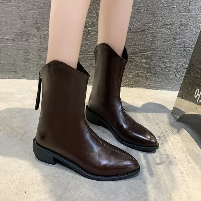 2024 New Pointed Ankle Boots Fashion Back Zipper Short Botas Elegant PU High Heels Winter Women's Shoes