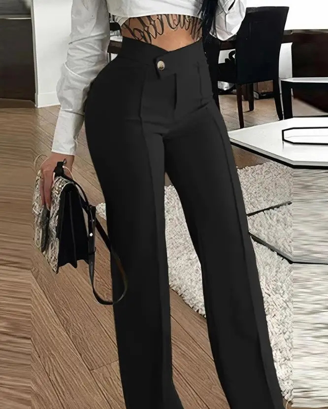 Womens City Elegant Trouser 2024 Spring/Summer Latest Button Straight Legal Work Pants Casual High Waist Versatile Pants 241010