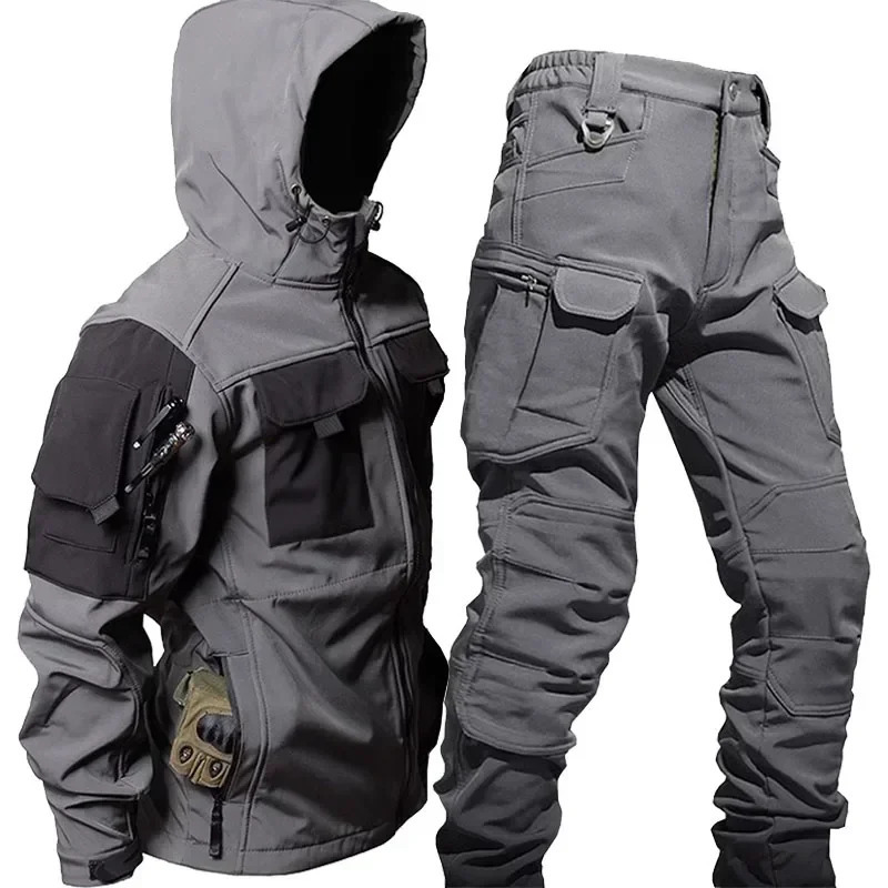 Military waterproof suit mens winter soft shell hooded jacketmulti pocket wearresistant cargo pants 2piece tactical set 241008