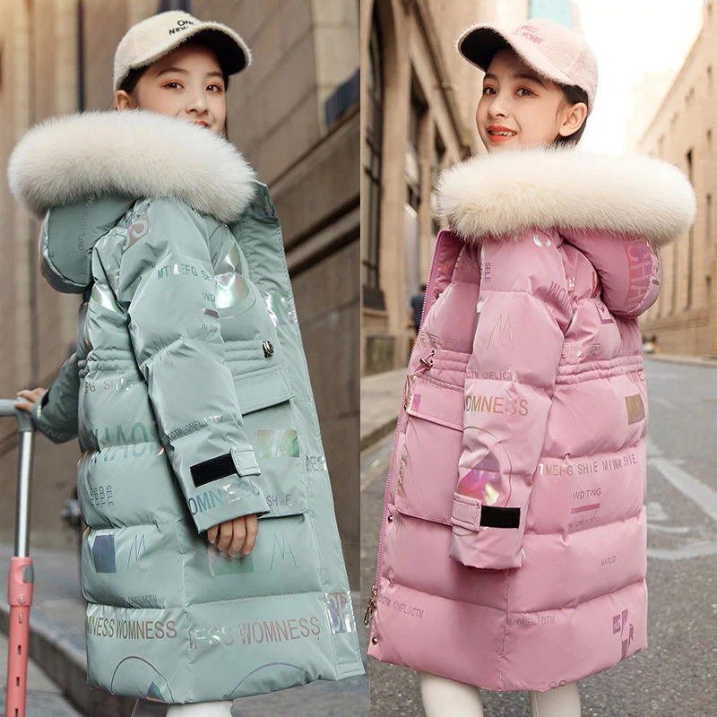 412 Years Fashion Winter Teenger Girls Jacket Hight Quality Heavy Keep Warm Large Fur Collar Hooded Coat For Kids 241011
