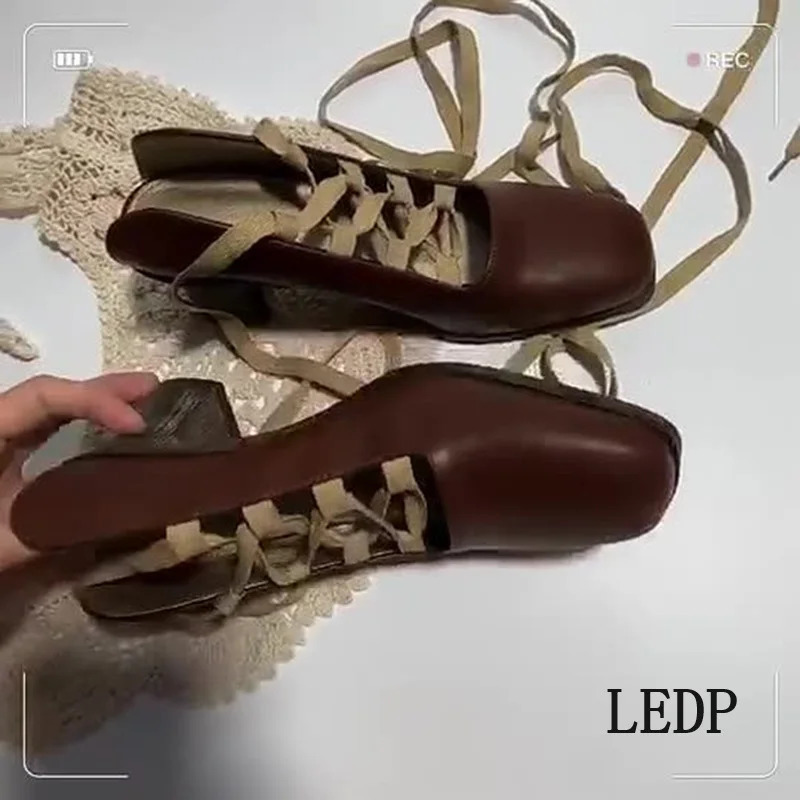 LEDP Retro Lace-up Mary Jane Women 2024 Summer Chunky Heel Square Head Made Old Back Empty Ballet New Shoes High Quality 240927