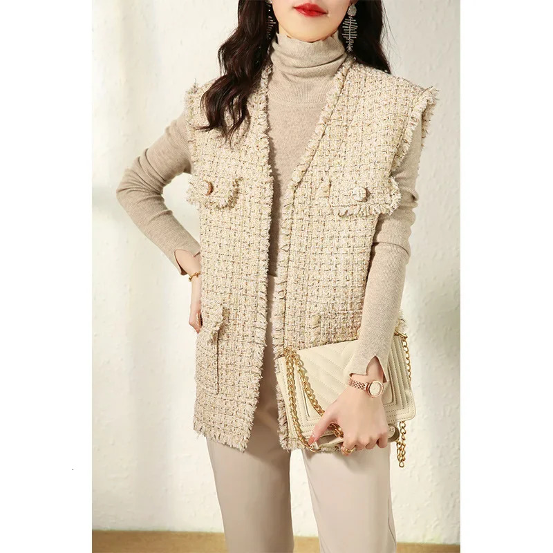 Tweed Wool Vest Spring Fashionable White Gold Silk Sequined Knitted for Women Autumn winter 241011