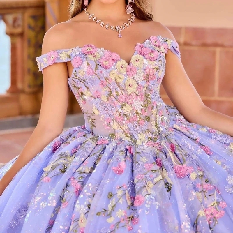 Lavender Shiny Off Shoulder Quinceanera Dresses Appliques Lace Sweep Train Ball Gown Sweet 16 Dress Vestidos De 15 Anos