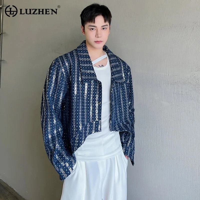 LUZHEN Denim Sequin Jacket Mens Short Coat Top 2024 Male Cardigan Fashion Long Sleeve Lapel Temperament Outerwear 87bf4e 241011