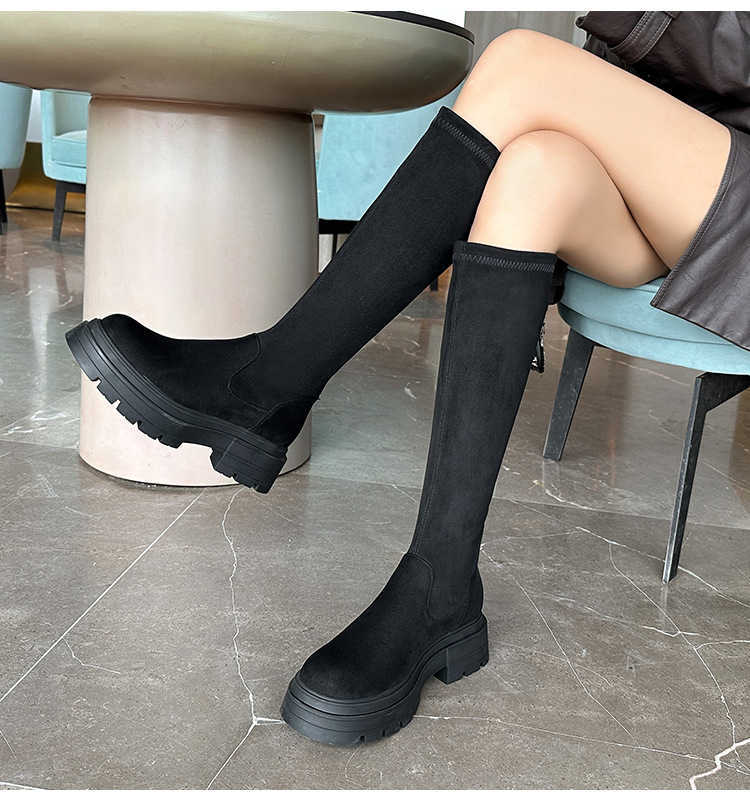 Fashion Boots Womens Long Boots Autumn Winter Thick Martin Boots Soled High Tube Elastic Slim Boots Long Boots Women Shoes 240826