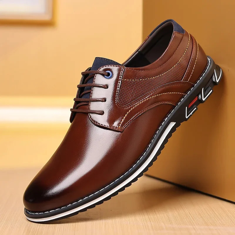 Mens PLUS size PU leather solid casual shoes wear-resistant and non slip lace dress shoes mens office daily shoes 241007