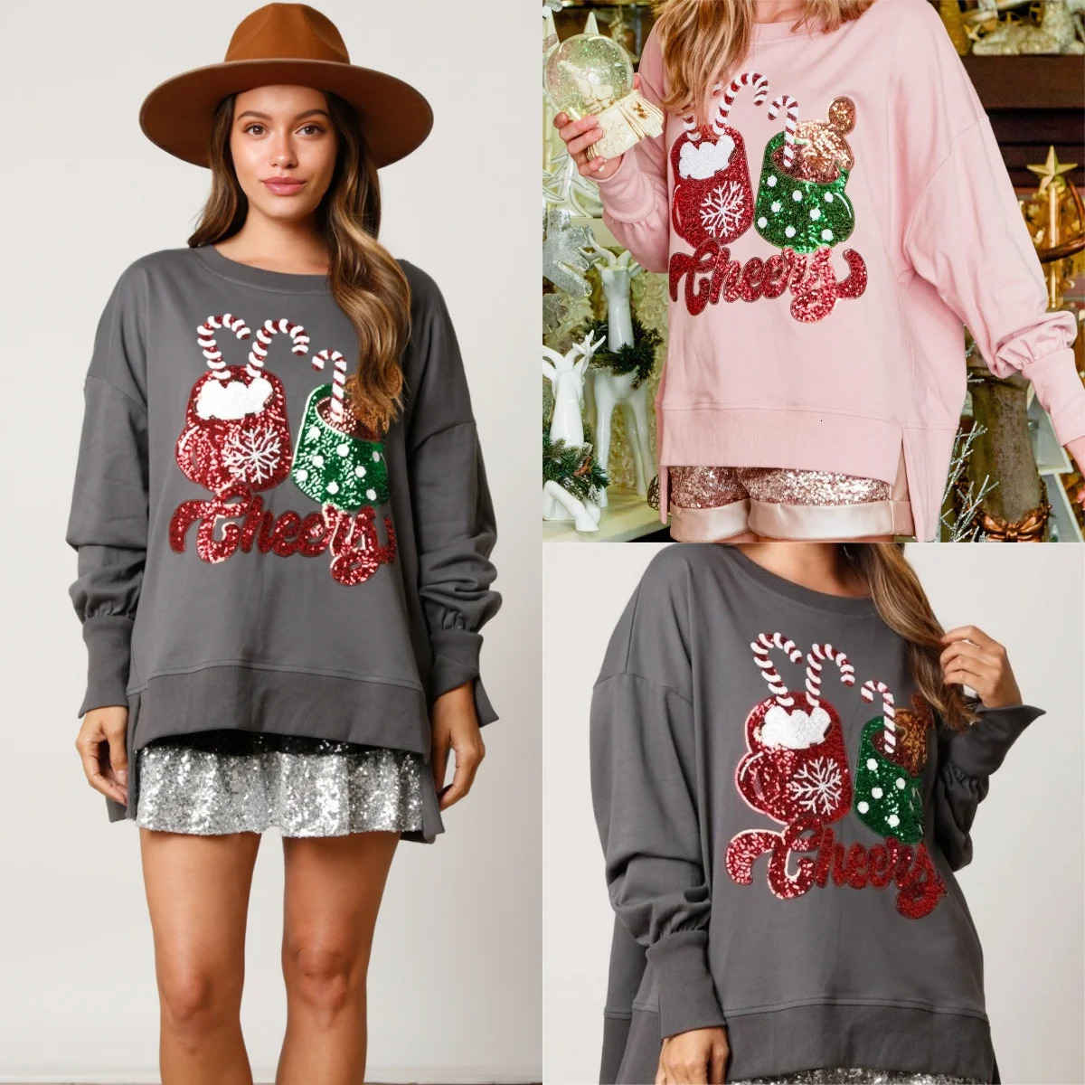 2025 Autumn And Winter Womens Candy Cup Sequin Christmas Sweater Casual Loose Tops Womens Long Sleeve O-Neck Pullover 241011