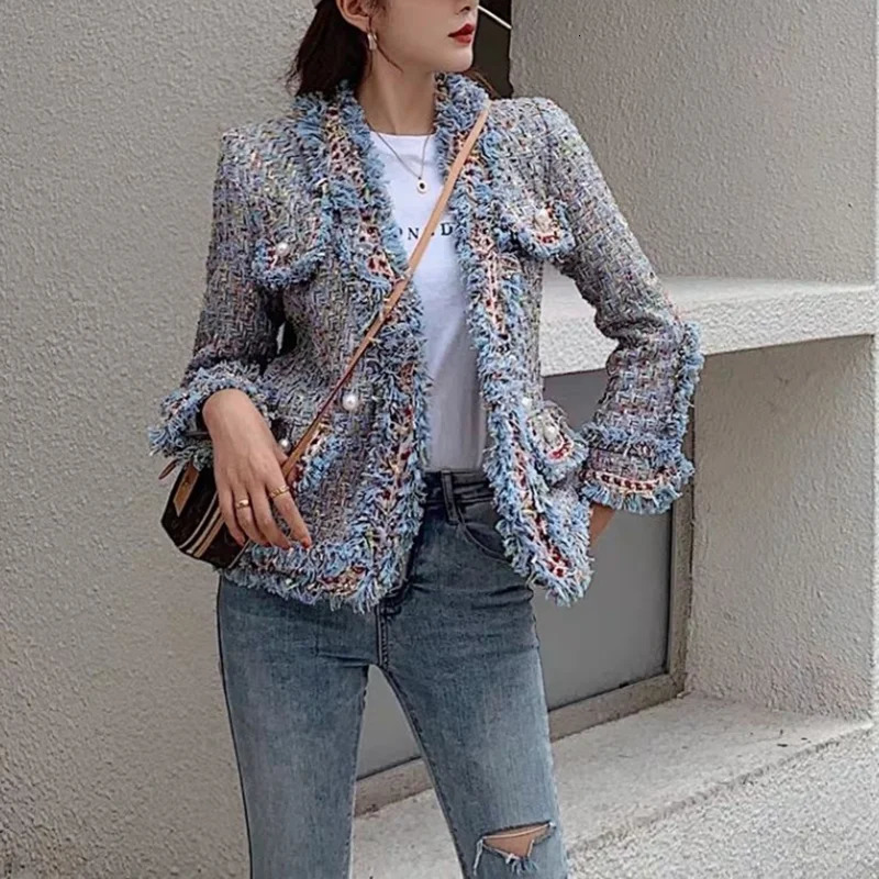 Autumn Winter Heavy Industry Tweed Jacket Women Overcoat Fashion Weave Slim Casual Woolen Casaco Female Short Tops 241011
