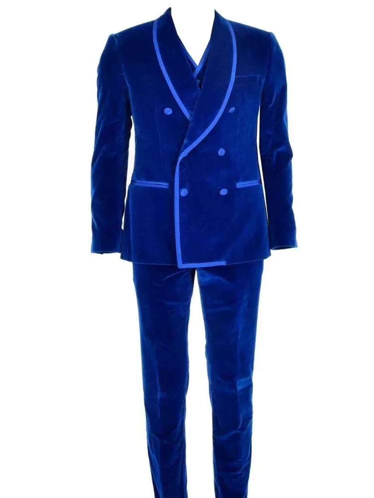Velvet Men Suits 2024 Slim Fit Double Breasted Groom Tuxedos For Wedding Royal Blue Smoking Jacket ( Blazer +Pants+Vest )