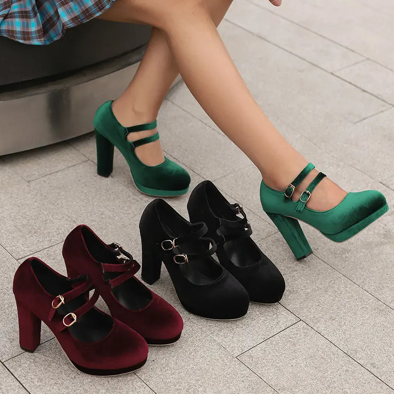 Velour Velvet Round Toe Green Burgundy Color Double Buckle Belt Block High Heels Women Pumps Platform Retro Lady Mary Janes Shoe 241010